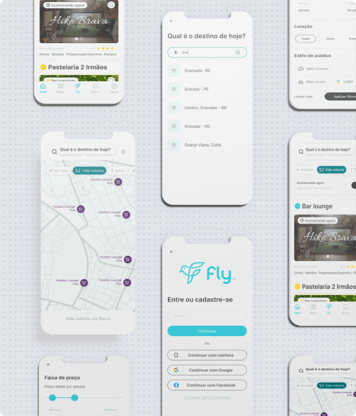 Fly - Telas de busca, mapa e filtros